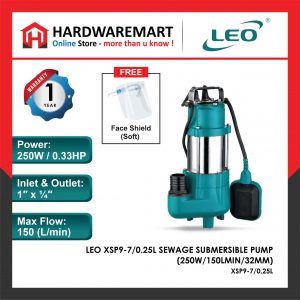 LEO XSP9-7/0.25L SEWAGE SUBMERSIBLE PUMP Pam Air Kumbahan [1 PHASE] (250W/150LMIN/32MM)