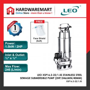 LEO XSP16.2-22/1.5S STAINLESS STEEL SEWAGE SUBMERSIBLE PUMP Pam Air Kumbahan [1 PHASE] (2HP/246LMIN/40MM)