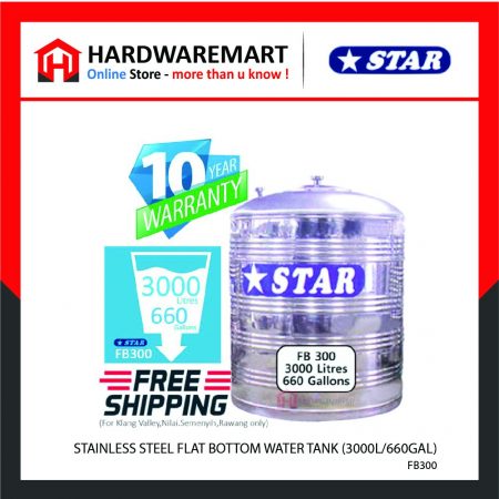 STAR FB300 STAINLESS STEEL FLAT BOTTOM WATER TANK (3000L/660GAL)