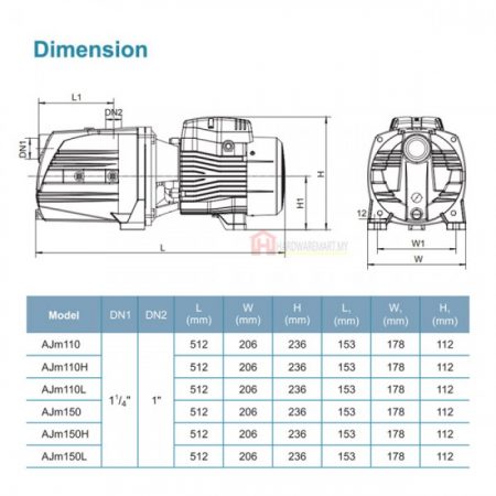 LEO AJM110 SELF-PRIMING JET WATER PUMP Pam Air [1 PHASE] (1.5HP/100LMIN/32MM X 25MM)