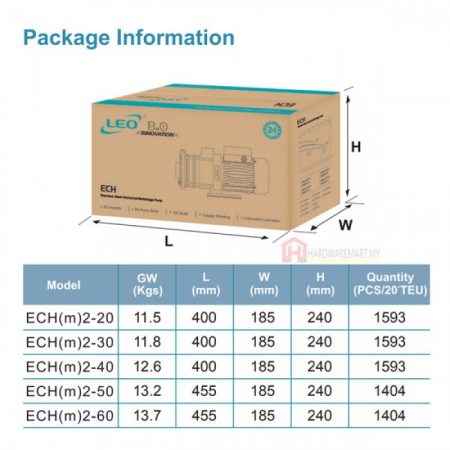 LEO ECHM2-30 MULTISTAGE CENTRIFUGAL PUMP-WITHOUT PRESS CONTROL Pam Air Rumah Kolam 水泵 (0.5HP/60LMIN/25MM)