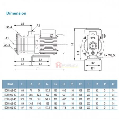 LEO ECHM2-30 MULTISTAGE CENTRIFUGAL PUMP-WITHOUT PRESS CONTROL Pam Air Rumah Kolam 水泵 (0.5HP/60LMIN/25MM)