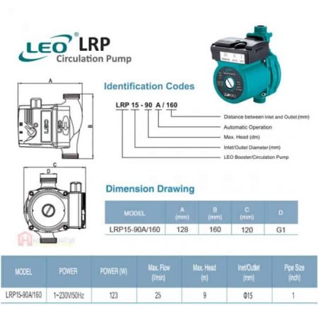 LEO LRP15-90A/160 HOT WATER AUTOMATIC CIRCULATION PUMP Pam Air Rumar Kolam 水泵 (123W/25LMIN/15MM)