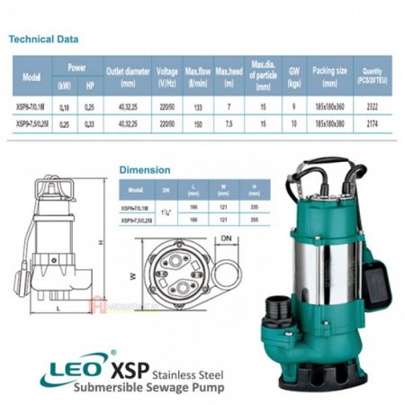 LEO XSP9-7/0.25L SEWAGE SUBMERSIBLE PUMP Pam Air Kumbahan [1 PHASE] (250W/150LMIN/32MM)
