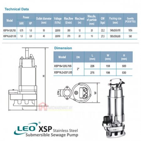 LEO XSP16.2-22/1.5S STAINLESS STEEL SEWAGE SUBMERSIBLE PUMP Pam Air Kumbahan [1 PHASE] (2HP/246LMIN/40MM)