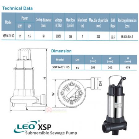 LEO XSP14-7/1.1ID SEWAGE SUBMERSIBLE PUMP Pam Air Kumbahan [1 PHASE] (1100W/240LMIN/50MM)