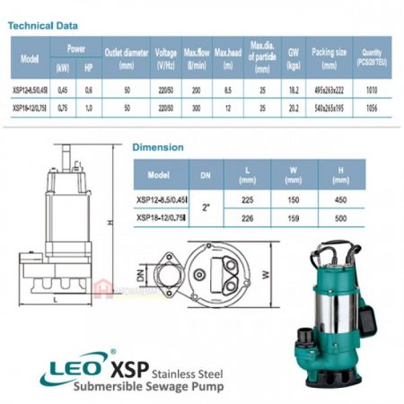 LEO XSP18-12/075L SEWAGE SUBMERSIBLE PUMP Pam Air Kumbahan [1 PHASE] (750W/300LMIN/50MM)