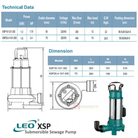 LEO XSP26.4-10/1.8LD SEWAGE SUBMERSIBLE PUMP Pam Air Kumbahan [1 PHASE] (1800W/440LMIN/75MM)