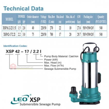 LEO XSP42-17/2.2L SEWAGE SUBMERSIBLE PUMP Pam Air Kumbahan [1 PHASE] (2200W/700LMIN/75MM)