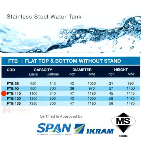 STAR FTB110 STAINLESS STEEL FLAT TOP & BOTTOM WATER TANK (1100L/240GAL)