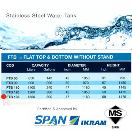 STAR FTB135 STAINLESS STEEL FLAT TOP & BOTTOM WATER TANK (1350L/300GAL)