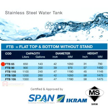 STAR FTB65 STAINLESS STEEL FLAT TOP & BOTTOM WATER TANK (650L/150GAL)