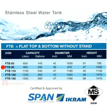 STAR FTB90 STAINLESS STEEL FLAT TOP & BOTTOM WATER TANK (900L/200GAL)