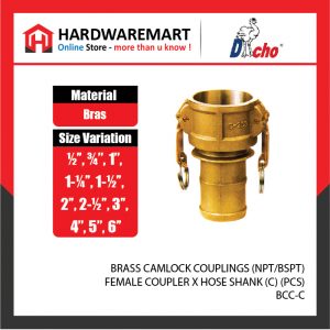 BRASS CAMLOCK COUPLINGS (NPT/BSPT) - FEMALE COUPLER X HOSE SHANK (C) (PCS)