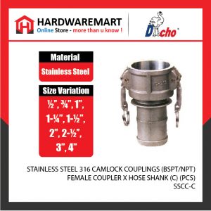STAINLESS STEEL 316 CAMLOCK COUPLINGS (BSPT/NPT) - FEMALE COUPLER X HOSE SHANK (C) (PCS)