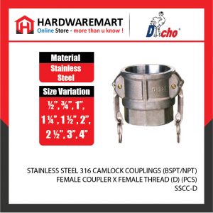 STAINLESS STEEL 316 CAMLOCK COUPLINGS (BSPT/NPT) - FEMALE COUPLER X FEMALE THREAD (D) (PCS)