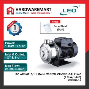 LEO AMSM210/1.1 STAINLESS STEEL CENTRIFUGAL PUMP Pam Air Rumah Kolam [1 PHASE] (1.1kW/1.4HP)