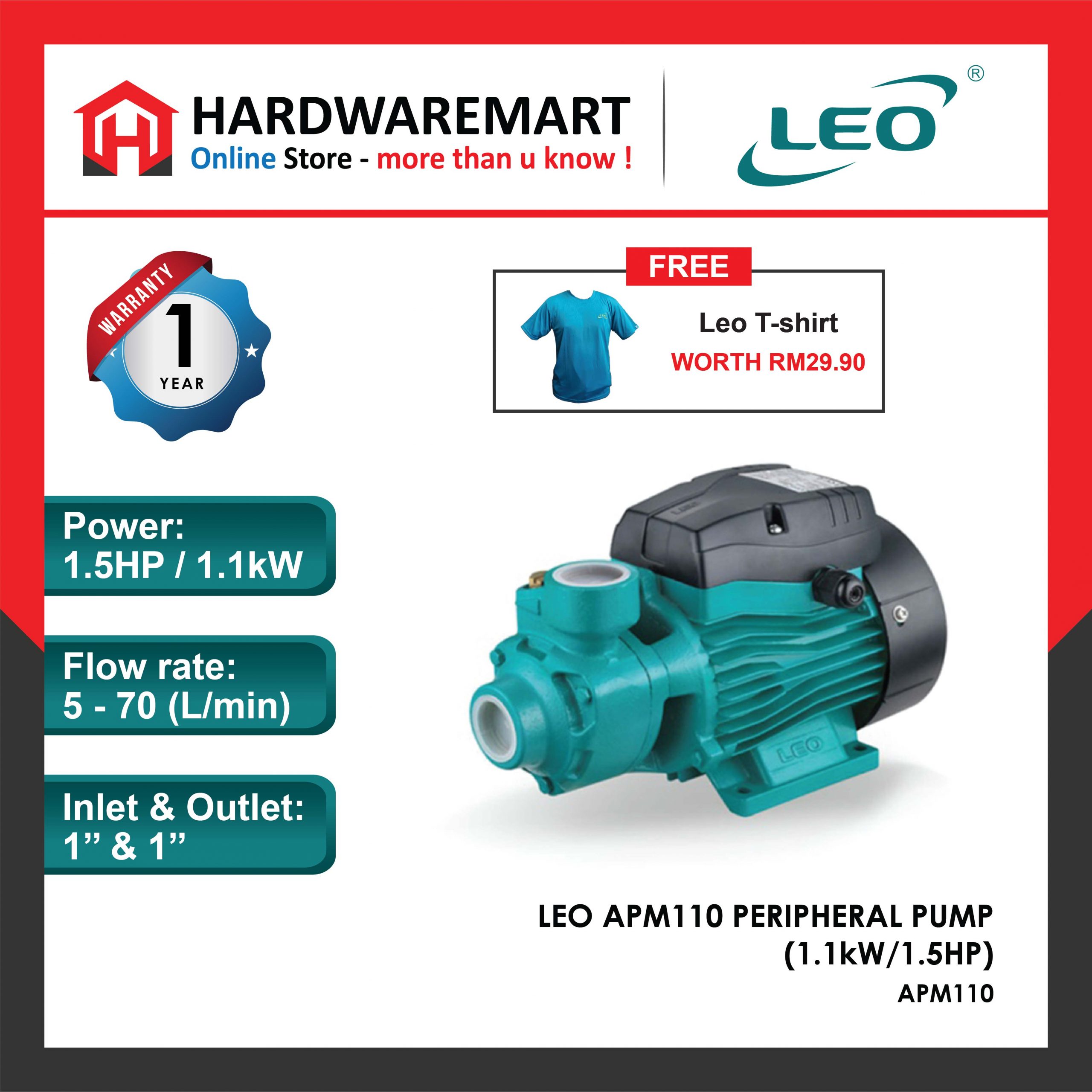 LEO APM110 PERIPHERAL PUMP Pam Air Rumar Kolam 水泵 (1.1kW/1.5HP)
