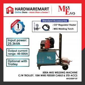 MAXEVO MIG500F10T 500A MIG WELDING MACHINE C/W TROLLEY, 10M WIRE FEEDER CABLE & STD ACCS