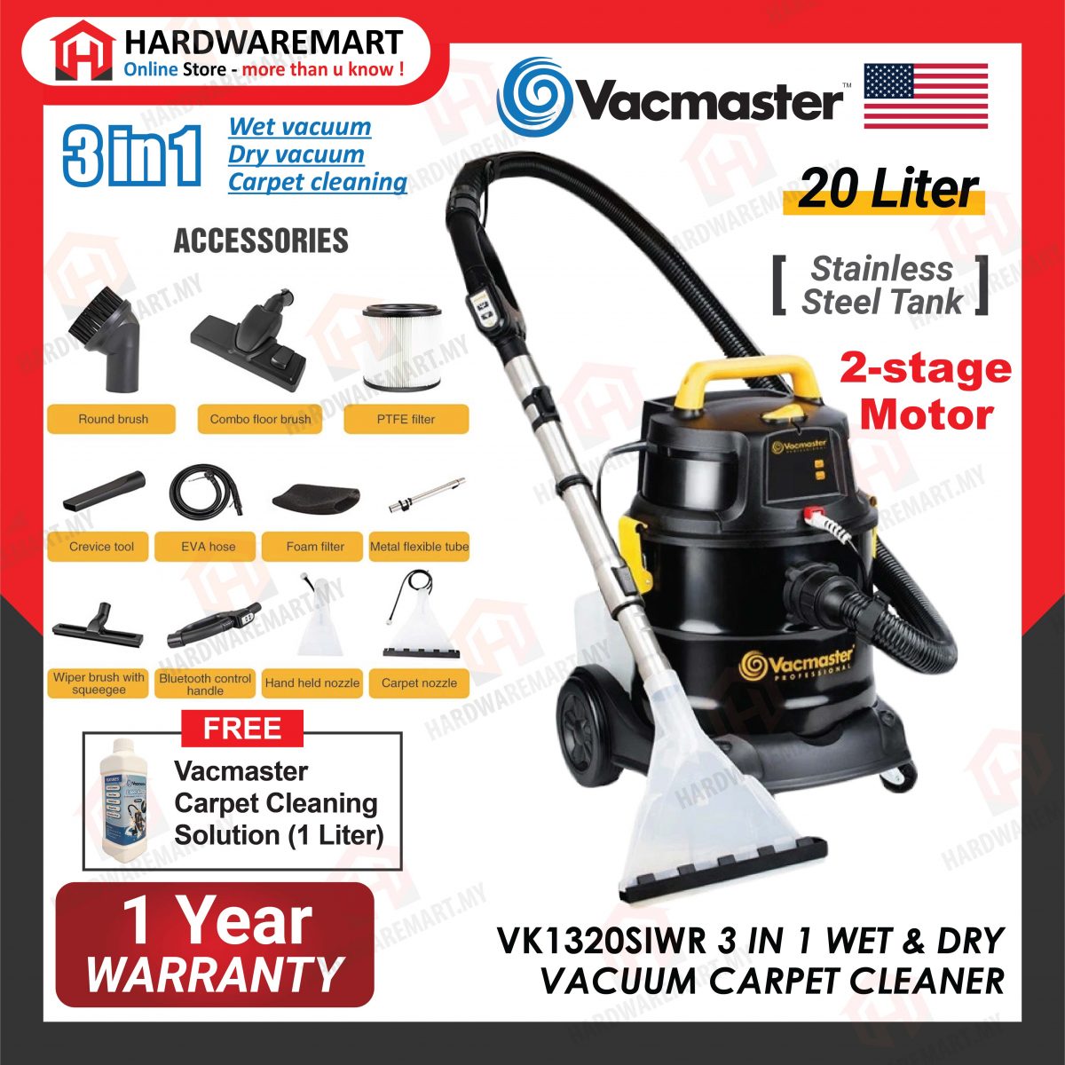 VACMASTER INDUSTRIAL GRADE 20L 3 IN 1 WET & DRY CARPET VACUUM CLEANER