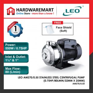 LEO AMS70/0.55 STAINLESS STEEL CENTRIFUGAL PUMP Pam Air Rumah Kolam [3 PHASE] (0.75HP/80LMIN)