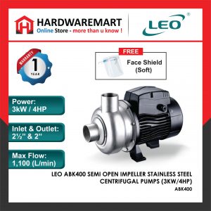 LEO ABK400 SEMI OPEN IMPELLER STAINLESS STEEL CENTRIFUGAL PUMPS Pam Air Kolam Sungai [3 PHASE] (3KW/4HP)