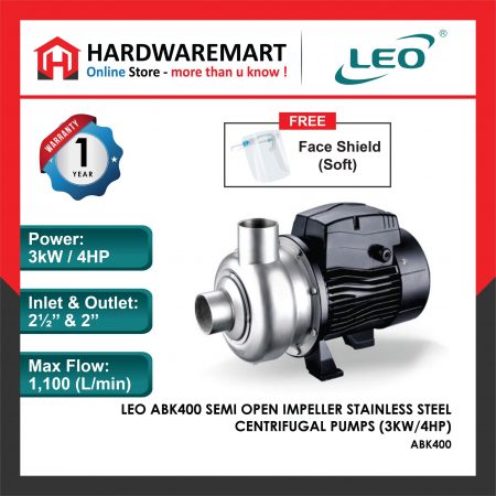LEO ABK400 SEMI OPEN IMPELLER STAINLESS STEEL CENTRIFUGAL PUMPS Pam Air Kolam Sungai [3 PHASE] (3KW/4HP)