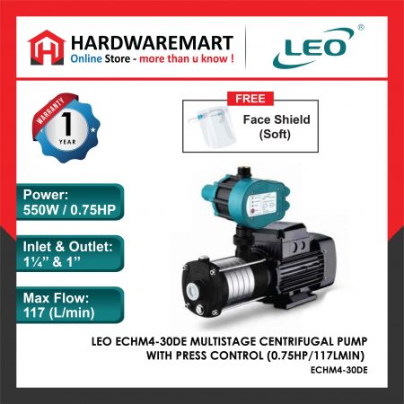 LEO ECHM4-30DE MULTISTAGE CENTRIFUGAL PUMP WITH PRESSURE SWITCH Pam Air Rumah Kolam [1 PHASE] (0.75HP/117LMIN)