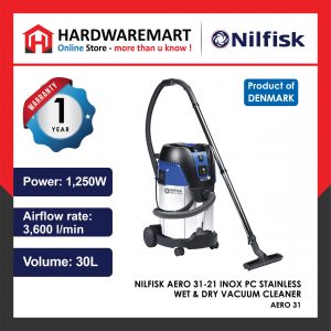 NILFISK AERO 31-21 INOX PC Stainless Wet & Dry Vacuum Cleaner 1250W 230V 107406607