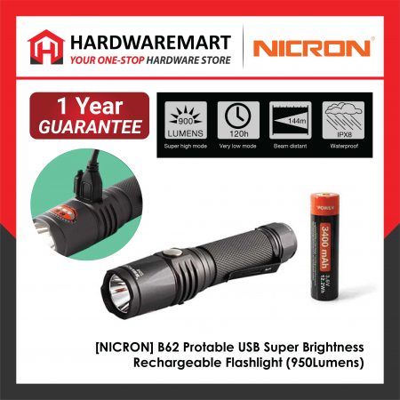 [NICRON] B62 Protable USB Super Brightness Rechargeable Flashlight 高亮度充电手电筒 ((950Lumens))