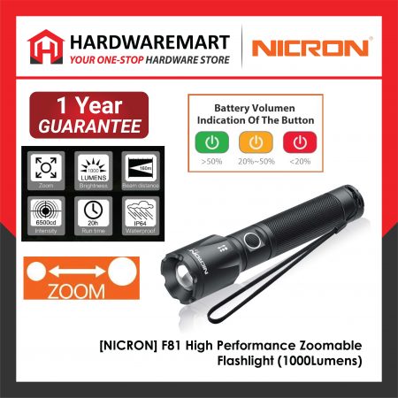 [NICRON] F81 High Performance Zoomable Flashlight 高亮度可调焦充电电筒((1000Lumens))
