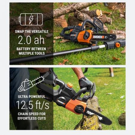 [WORX PROFESSIONAL] WG322E 20V 2.0Ah Max Lithium-Ion Cordless Compact Chain Saw (25cm) with Patented Auto Tension
