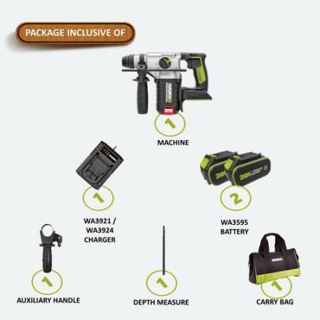 WORX WU388 20V 4.0Ah Max Lithium-Ion Cordless Brushless 3-Functions Rotary Hammer (24mm) with Power Share Technology