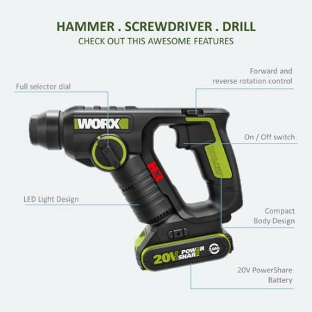 [WORX PROFESSIONAL] 20V Cordless Brushless Rotary Hammer WU380S.5 INCULDE 1 x 4.0AH ; 1 X 2.0AH Battery