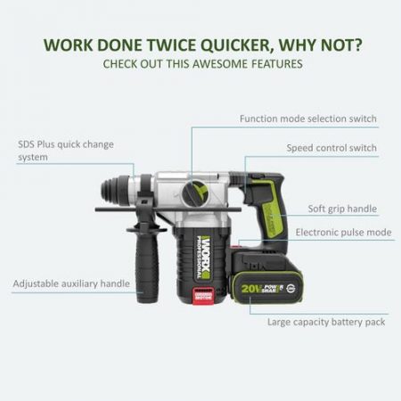WORX WU388 20V 4.0Ah Max Lithium-Ion Cordless Brushless 3-Functions Rotary Hammer (24mm) with Power Share Technology