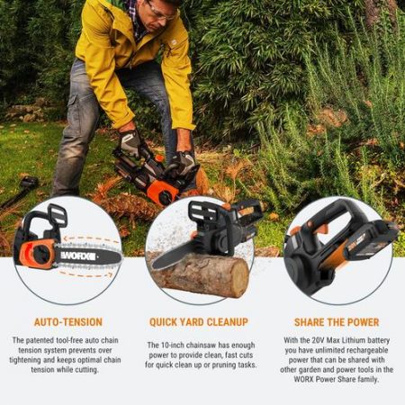 [WORX PROFESSIONAL] WG322E 20V 2.0Ah Max Lithium-Ion Cordless Compact Chain Saw (25cm) with Patented Auto Tension
