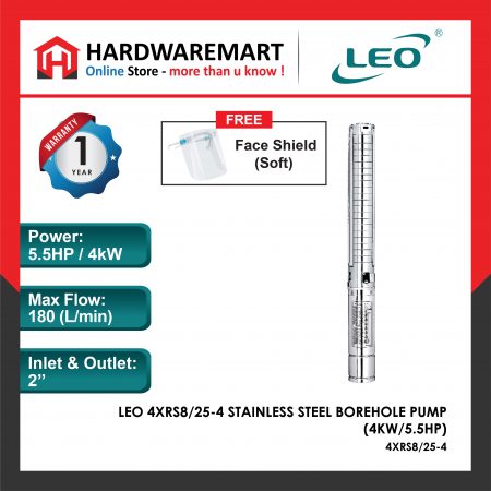 LEO 4XRS8/25-4 STAINLESS STEEL BOREHOLE PUMP PLANTATION Pam Air Perladangan [3 PHASE] (4KW/5.5HP)