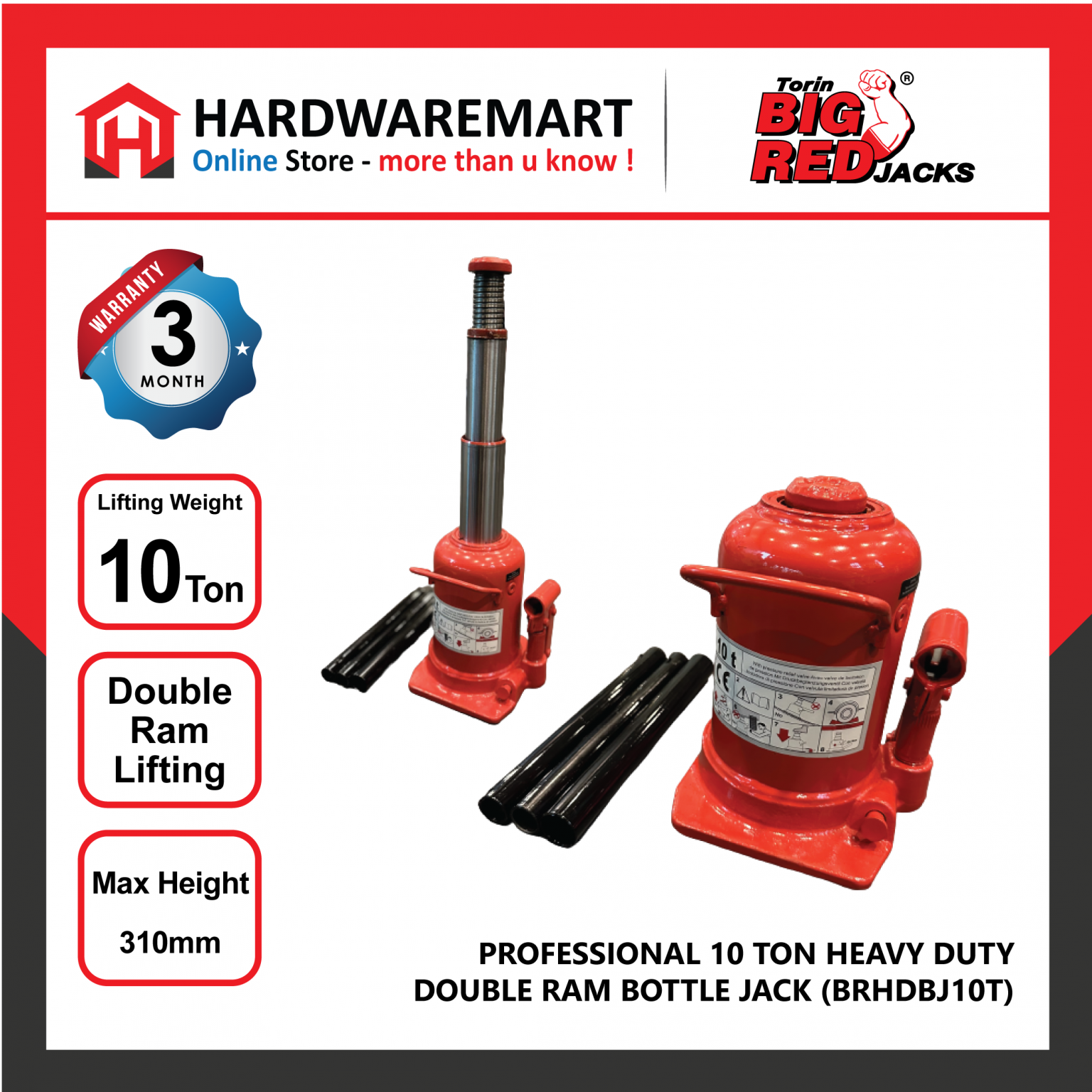 Bigred 10 Ton Heavy Duty Double Ram Professional Bottle Jack HardwareMart