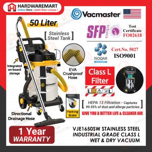 VACMASTER VJE1650SW 50L STAINLESS STEEL INDUSTRIAL GRADE CLASS L HEPA 13 FILTRATION WET & DRY VACUUM