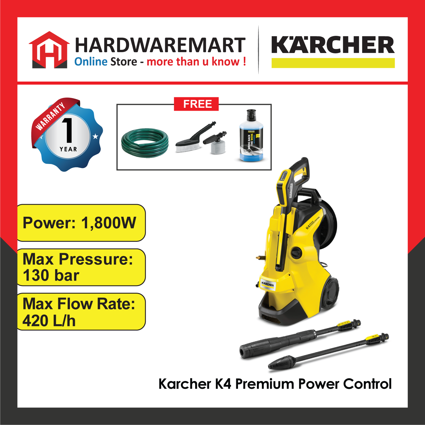 Karcher K4 Premium Power Control High Pressure Washer (130Bar)