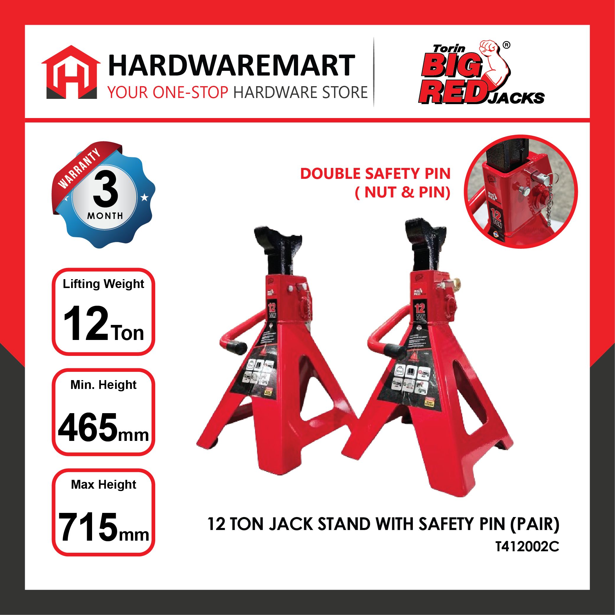 BIGRED 12 TON Jack Stand With Safety Pin Car Heavy Duty Strong Automotive Garage Porch Repair Equipment Kereta Kenderaan 千斤顶支架 (PAIR)