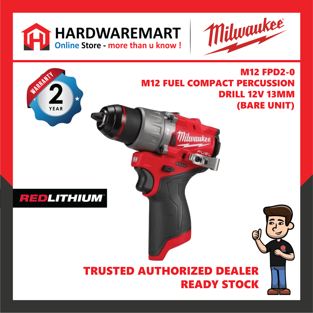 Milwaukee M12 FPD2 Fuel 13MM Impact Hammer Drill Gen 3 Percussion Drill Gen3 Impact Drill Brushless Motor HardwareMart