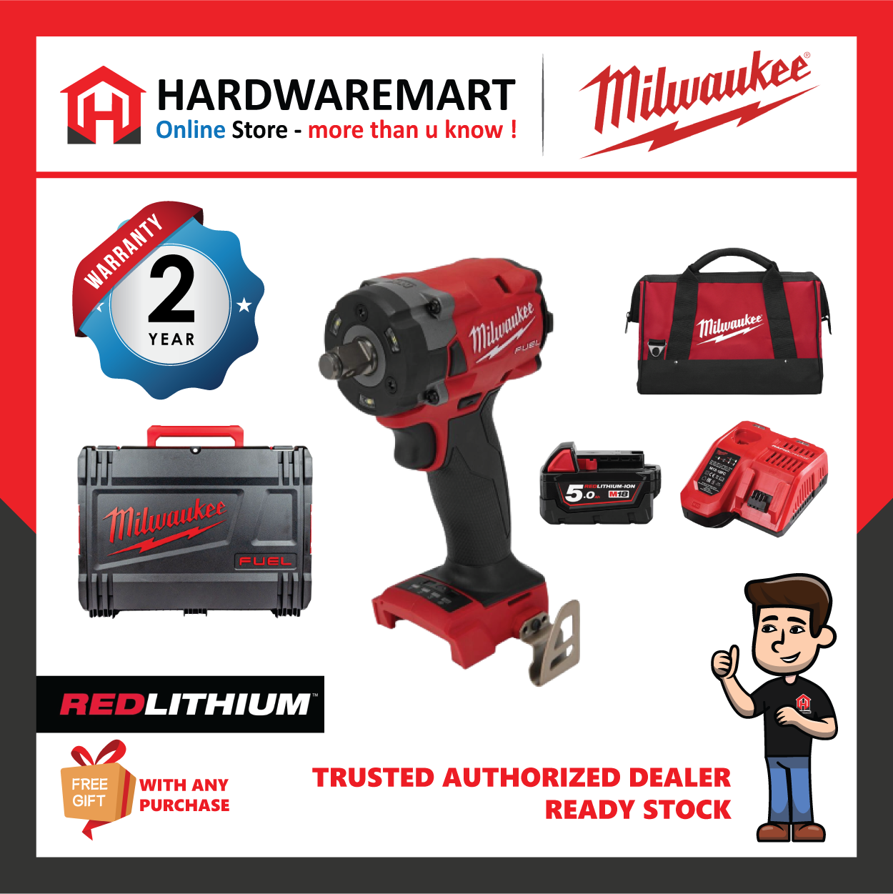 Milwaukee M18 FIW212 FUEL 1/2" Compact Stubby Impact Wrench 339NM GEN2 / Brushless Motor