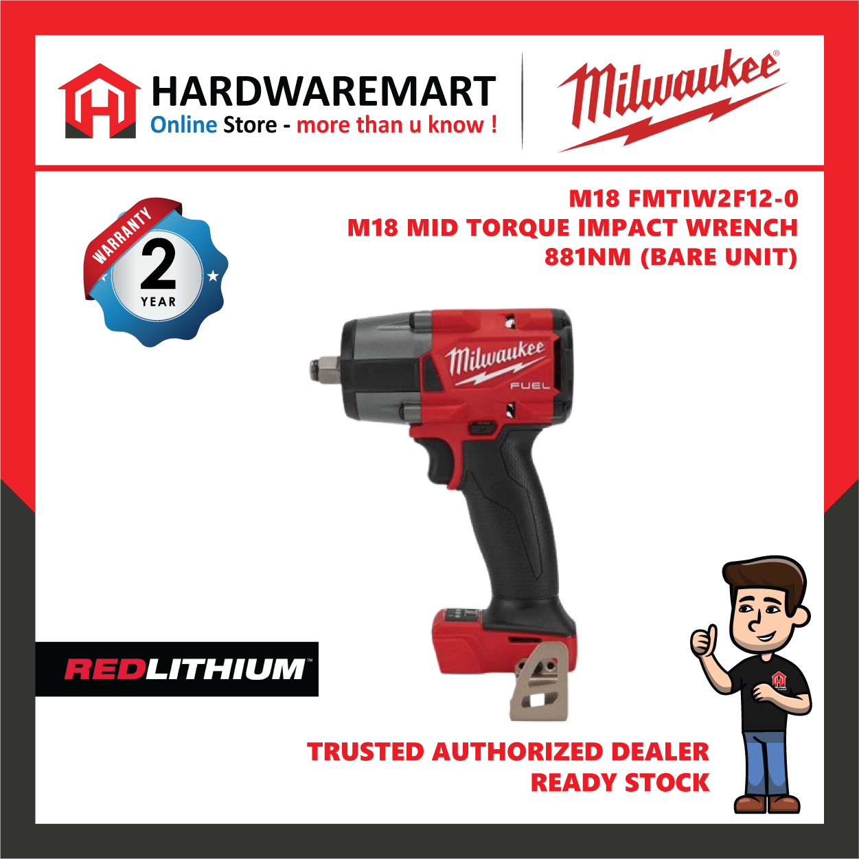 Milwaukee M18 FMTIW2F12 Fuel 1/2″ Mid Torque Impact Wrench 881NM / GEN 2 / Latest Model