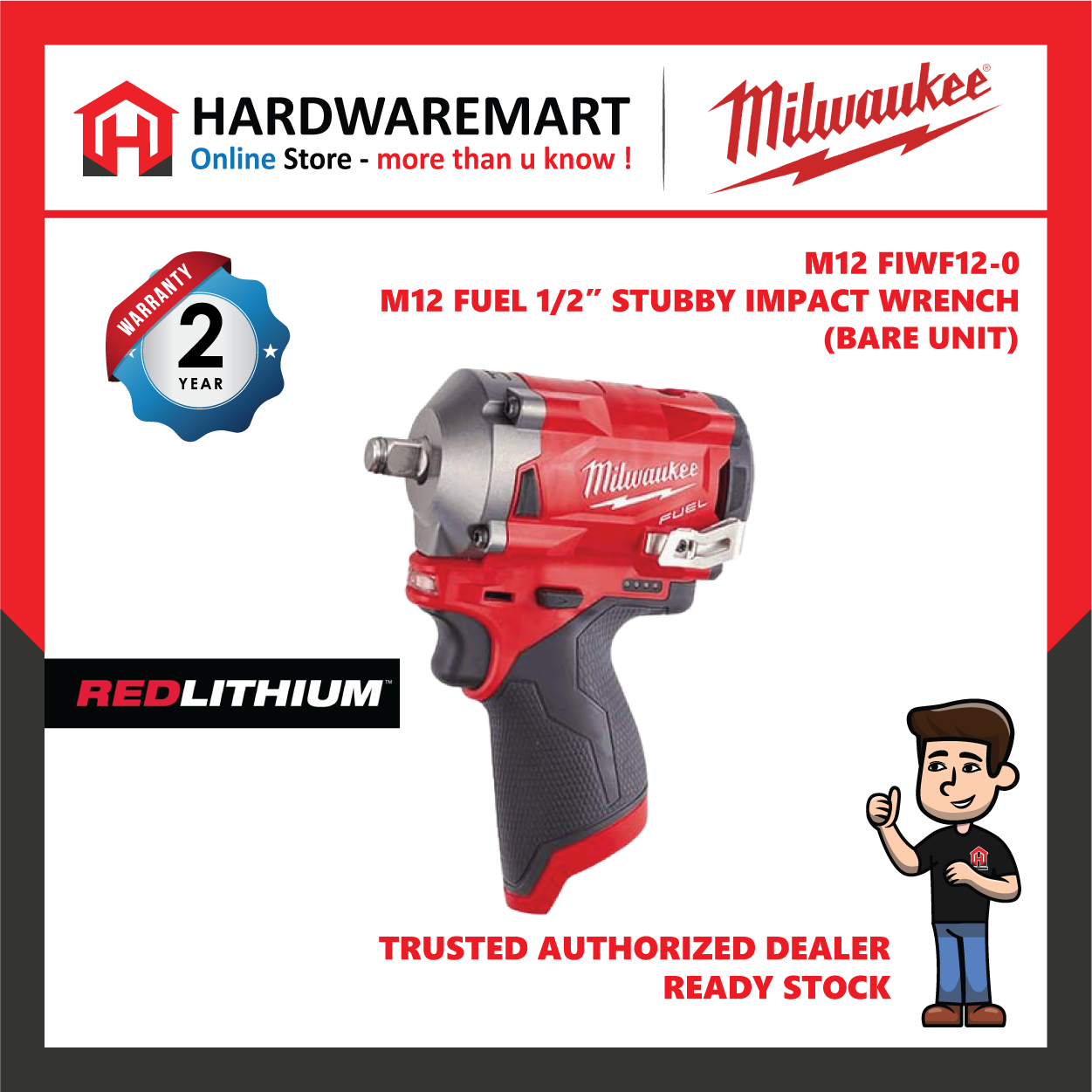 Milwaukee M12 FIWF12 Fuel 1/2″ Stubby Impact Wrench 339NM / Brushless Motor / Most Compact Impact Wrench