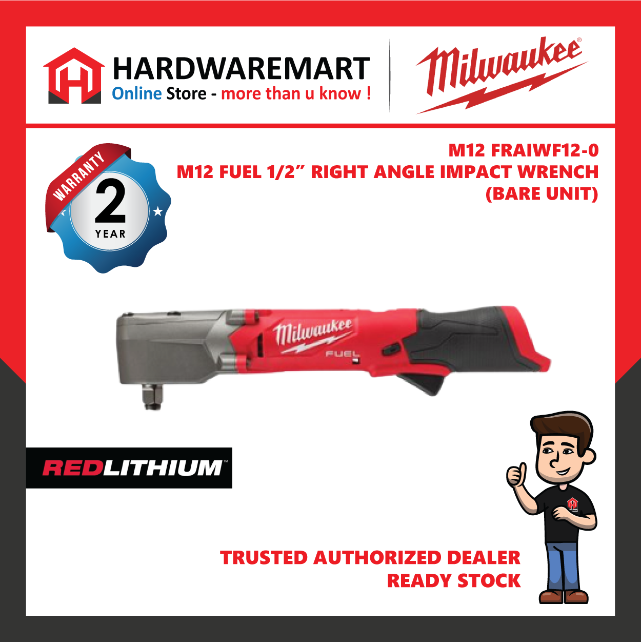 Milwaukee M12 FRAIWF12 Fuel 1/2″ Right Angle Impact Wrench 300NM / Brushless Motor