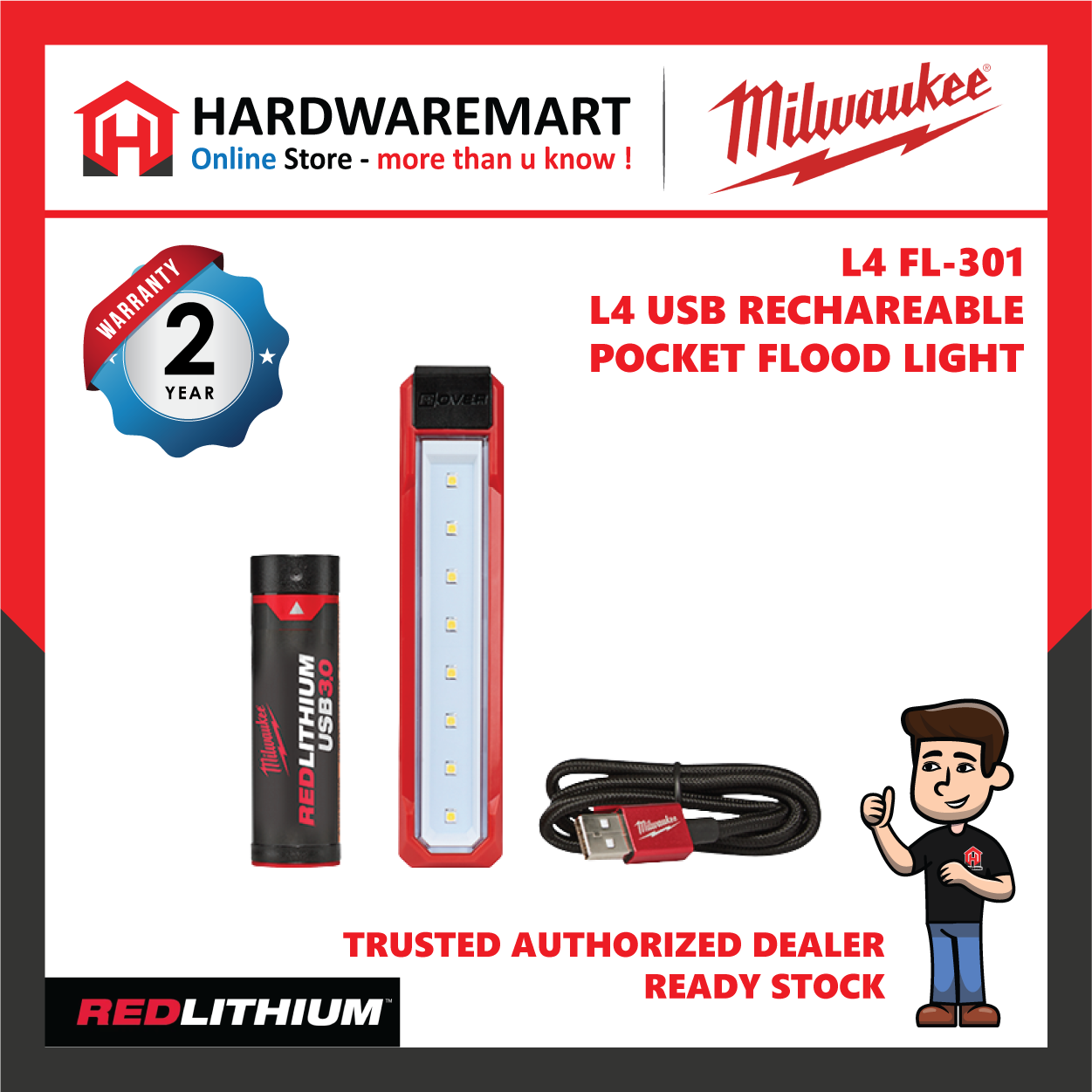 Milwaukee L4 FL-301 Redlithium USB Rechargeable Pocket Flood Light 445 Lumen / 2 Year Warranty