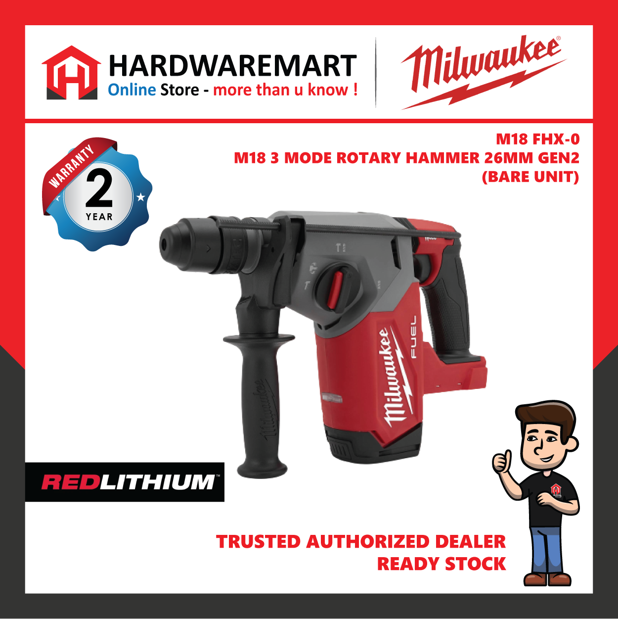 Milwaukee M18 FHX Fuel 3 Mode Rotary Hammer 26MM 2.7J GEN2 / New Model 3 Mode Rotary Hammer / 2 Year Warranty
