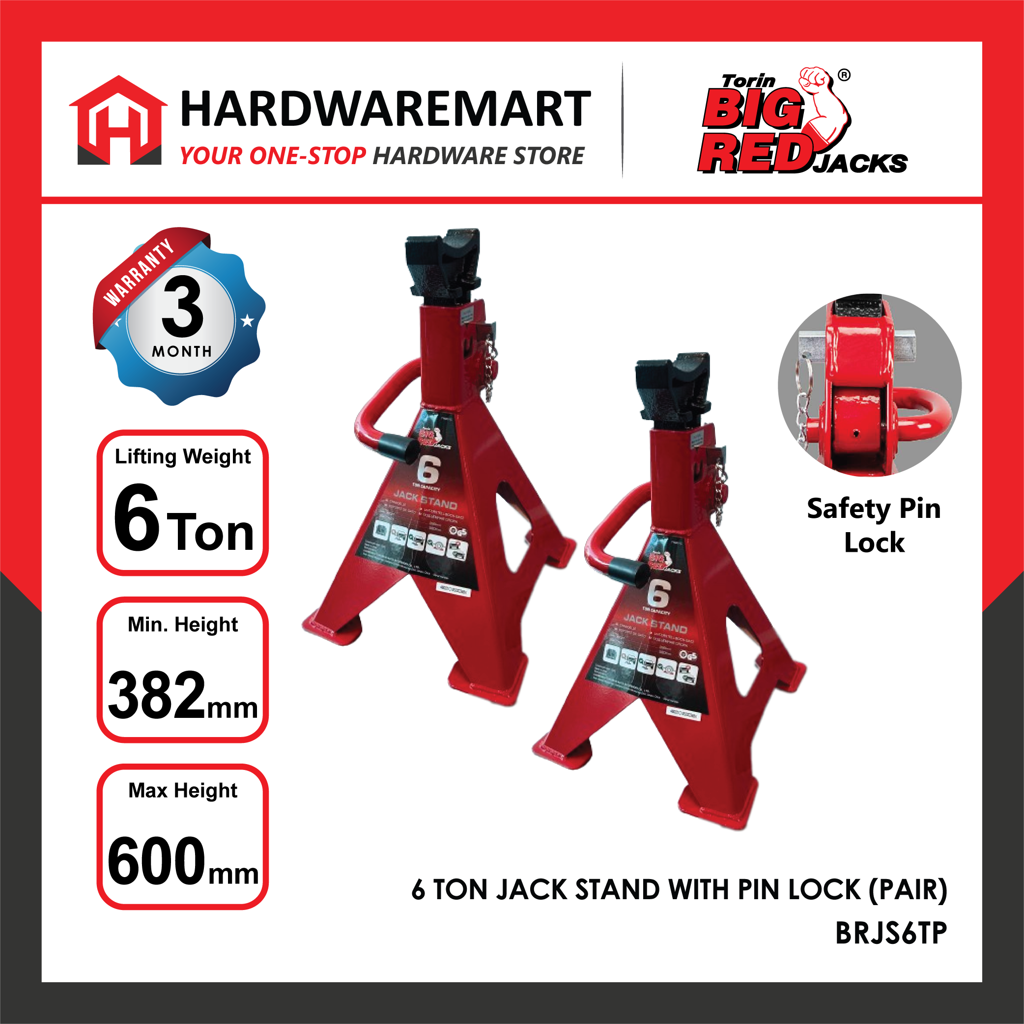 BIGRED 6 TON JACK STAND WITH PIN LOCK (PAIR)