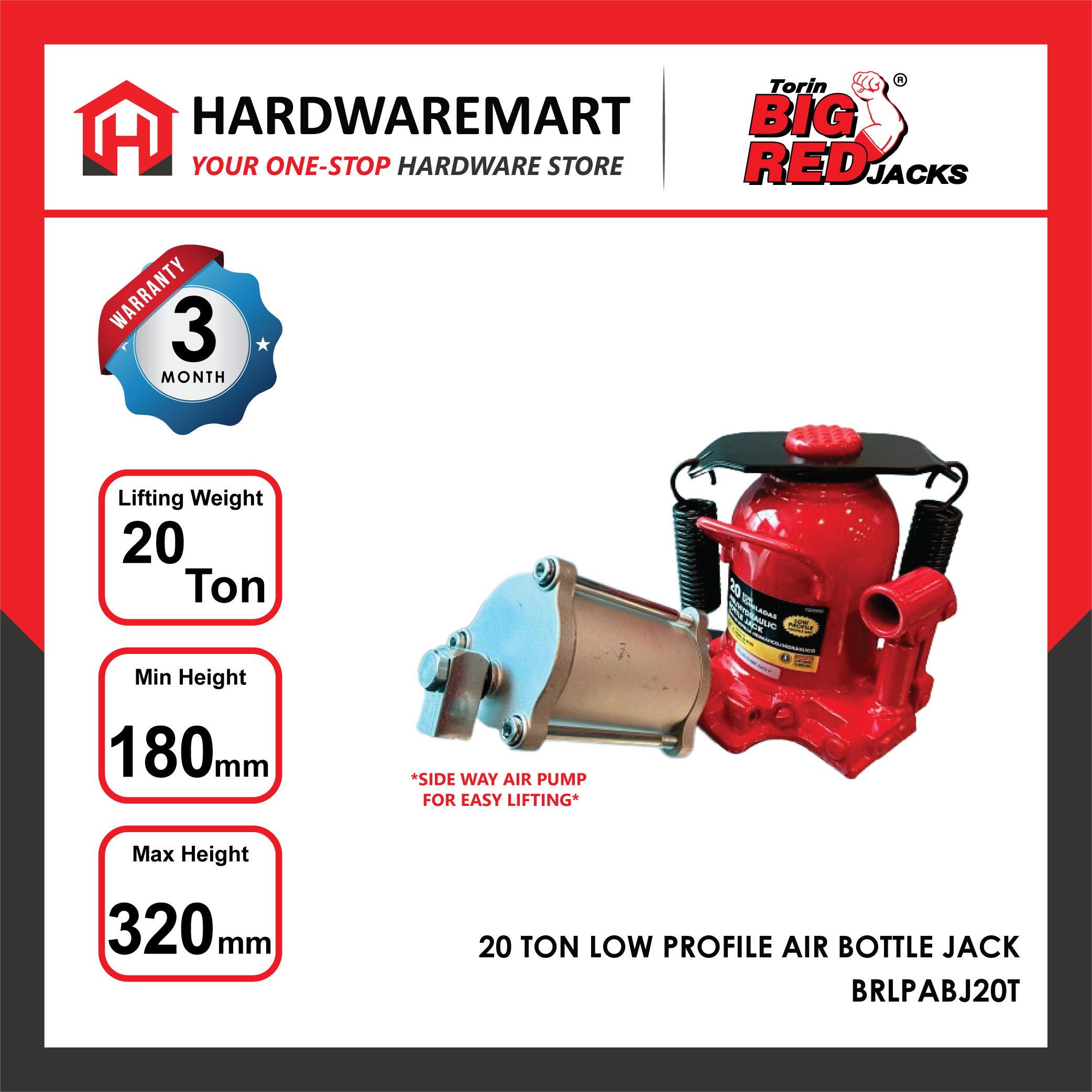 BIGRED 20 TON LOW PROFILE AIR BOTTLE JACK